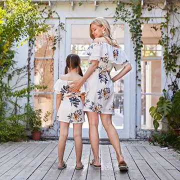 PopReal Mommy and Me Dresses Floral Printed Chiffon Bowknot Ruffles Short Sleeve Beach Mom Daughter Matching Outfits White