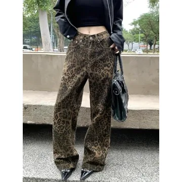Trendy Y2K Wide-Leg Leopard Print Jeans for Women