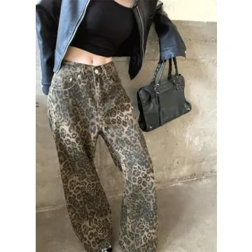 Trendy Y2K Wide-Leg Leopard Print Jeans for Women