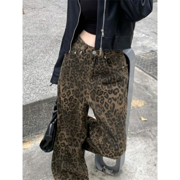 Trendy Y2K Wide-Leg Leopard Print Jeans for Women