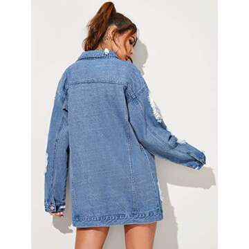 Floerns Women's Oversized Denim Jacket – Long Distressed Jean Jacket in Deep Blue