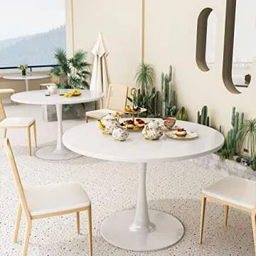 DKLGG White Round Dining Table for 4-6 People with Pedestal Base