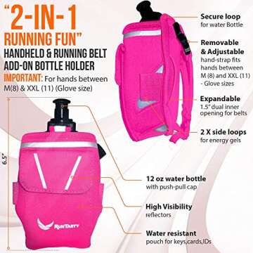 2-in-1 Running Fun Pink Handheld 12 Oz Water Bottle & Belt Add-on – Strap to Hand or Slide on Belt – Waterproof Pocket for Money, Key, ID – Maximize Your Time, Freedom & Health