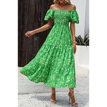 PRETTYGARDEN Women's Casual Summer Dress Puffy Short Sleeve Square Neck Smocked Tiered A Line Maxi Long Dresses (Print Green,Medium)
