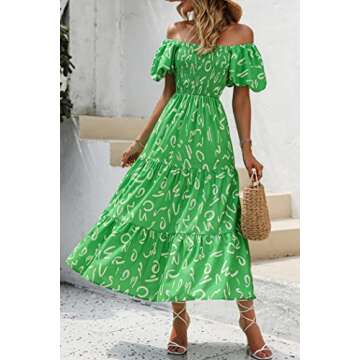 PRETTYGARDEN Women's Casual Summer Dress Puffy Short Sleeve Square Neck Smocked Tiered A Line Maxi Long Dresses (Print Green,Medium)