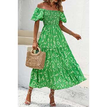PRETTYGARDEN Women's Casual Summer Dress Puffy Short Sleeve Square Neck Smocked Tiered A Line Maxi Long Dresses (Print Green,Medium)