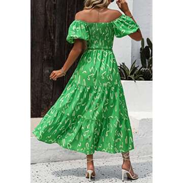 PRETTYGARDEN Women's Casual Summer Dress Puffy Short Sleeve Square Neck Smocked Tiered A Line Maxi Long Dresses (Print Green,Medium)