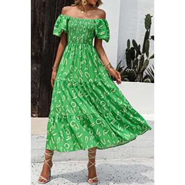 PRETTYGARDEN Women's Casual Summer Dress Puffy Short Sleeve Square Neck Smocked Tiered A Line Maxi Long Dresses (Print Green,Medium)