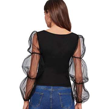 Romwe Women's Elegant Mesh Puff Sleeve Slim Fit Party Summer Crop Blouse Tops Black Medium