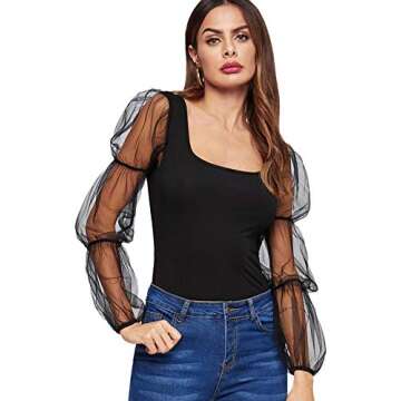 Romwe Women's Elegant Mesh Puff Sleeve Slim Fit Party Summer Crop Blouse Tops Black Medium