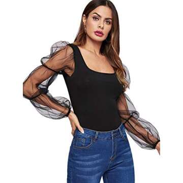 Romwe Women's Elegant Mesh Puff Sleeve Slim Fit Party Summer Crop Blouse Tops Black Medium