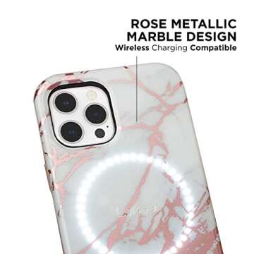 Case-Mate LuMee Halo Light Up Selfie Case for iPhone 12 Pro Max (5G) - Front & Rear Illumination - 6.7 Inch - Rose Gold White Marble