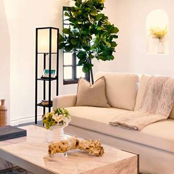 Brightech Maxwell – Modern Shelf Floor Lamp with USB Ports, Wireless Charging & Outlet – Versatile Corner Display and Lamp with Shelves, Storage Solution for Living Room, Office, Bedroom – Black