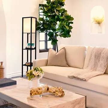 Brightech Maxwell – Modern Shelf Floor Lamp with USB Ports, Wireless Charging & Outlet – Versatile Corner Display and Lamp with Shelves, Storage Solution for Living Room, Office, Bedroom – Black