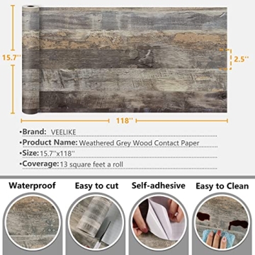 VEELIKE Weathered Grey Wood Contact Paper for Easy Home Makeover