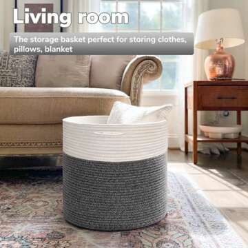 Goodpick Large Cotton Rope Basket 15.8"x15.8"x13.8"-Baby Laundry Basket Woven Blanket Basket Nursery Bin, Gray