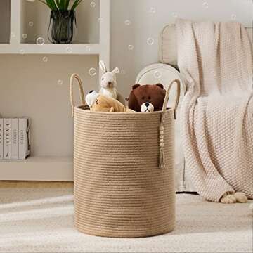 YOUDENOVA Jute Rope Laundry Hamper Basket, 58L Tall Woven Collapsible Baskets for Blanket Organizing Clothes Hamper for Laundry Bedroom Storage