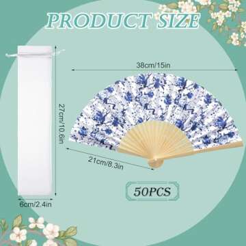 Roowest 50 Pcs Chinoiserie Printed Hand Fan Favor Kit Folding Hand Fans Beautiful Retro Paper Fan wi...