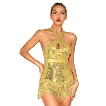FEESHOW Women Fringe Leotard Sequin Leotards Shiny Tassel Latin Dance Costumes Jazz Dance Tops Bodys...