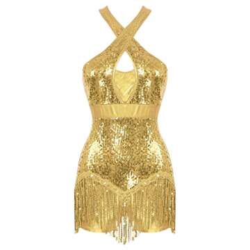 FEESHOW Women Fringe Leotard Sequin Leotards Shiny Tassel Latin Dance Costumes Jazz Dance Tops Bodysuit F0988#Gold Large