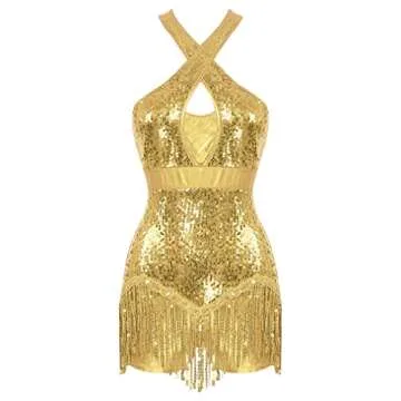FEESHOW Women Fringe Leotard Sequin Leotards Shiny Tassel Latin Dance Costumes Jazz Dance Tops Bodysuit F0988#Gold Large