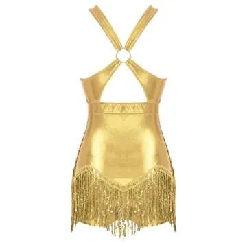 FEESHOW Women Fringe Leotard Sequin Leotards Shiny Tassel Latin Dance Costumes Jazz Dance Tops Bodysuit F0988#Gold Large