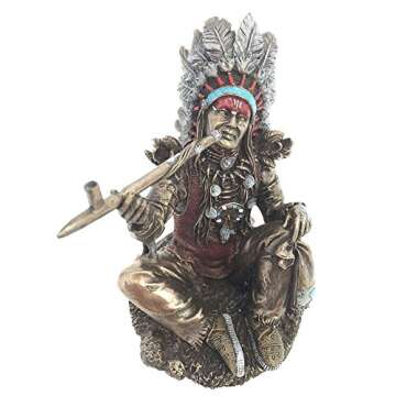 Native American Indian Chief Smoking Peace Pipe Statue Sculpture Figurine
