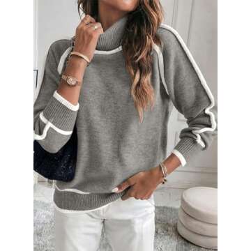 EVALESS Women's 2024 Fall Fashion Turtleneck Long Sleeve Color Block Ribbed Knit Loose Pullover Swea...