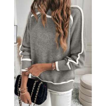 EVALESS Women's 2024 Fall Fashion Turtleneck Long Sleeve Color Block Ribbed Knit Loose Pullover Sweater Tops Light Grey L