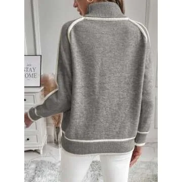 EVALESS Women's 2024 Fall Fashion Turtleneck Long Sleeve Color Block Ribbed Knit Loose Pullover Sweater Tops Light Grey L