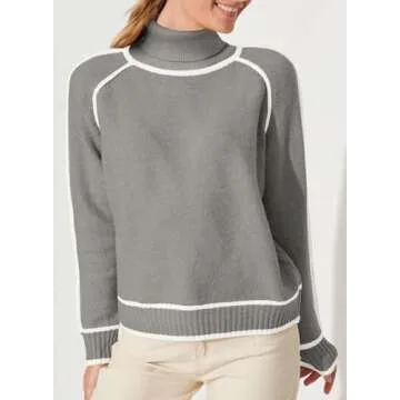 EVALESS Women's 2024 Fall Fashion Turtleneck Long Sleeve Color Block Ribbed Knit Loose Pullover Sweater Tops Light Grey L