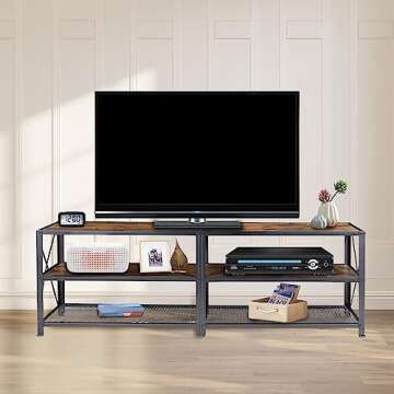 BETTAHOME TV Stand for Up to 70 Inch TVs, Accent 3 Tier TV Console Table for Living Room, Media Center, Steel Frame, Rustic Brown and Black