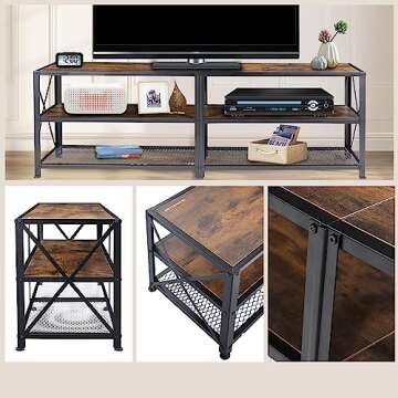 BETTAHOME TV Stand for Up to 70 Inch TVs, Accent 3 Tier TV Console Table for Living Room, Media Center, Steel Frame, Rustic Brown and Black