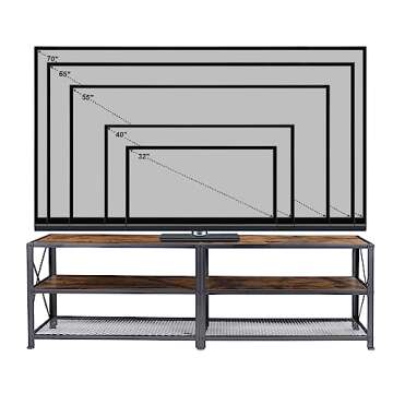 BETTAHOME TV Stand for Up to 70 Inch TVs, Accent 3 Tier TV Console Table for Living Room, Media Center, Steel Frame, Rustic Brown and Black