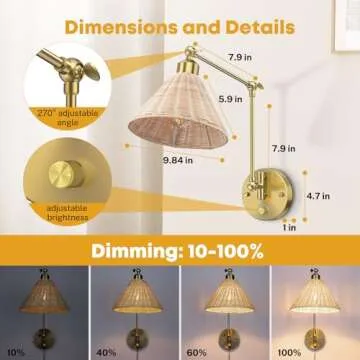 NookNova Rattan Wall Sconces, Plug in Wall Sconces Rattan Boho Sconces Hardwire Wrapped Wall Lamp Adjustable Swing Arm Wall Light Foldable Light Fixture Vintage Handmade Light for Bedroom Living Room