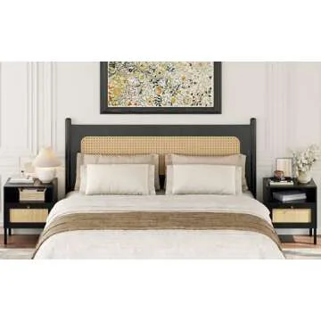 Angel Sar Rattan Night Stand Set 2, Boho Black Nightstands Set of 2, Bedside Table, End Table with Open Storage Space & Metal Legs, Bedroom Night Stand Wood Nightstand