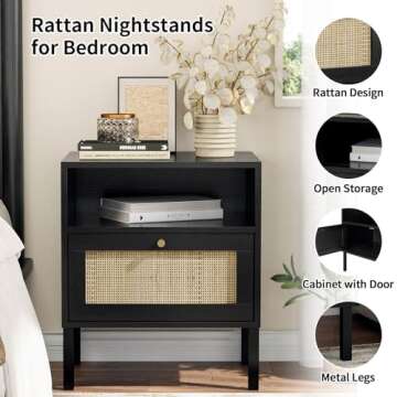 Angel Sar Rattan Night Stand Set 2, Boho Black Nightstands Set of 2, Bedside Table, End Table with Open Storage Space & Metal Legs, Bedroom Night Stand Wood Nightstand