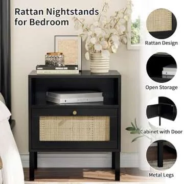 Angel Sar Rattan Night Stand Set 2, Boho Black Nightstands Set of 2, Bedside Table, End Table with Open Storage Space & Metal Legs, Bedroom Night Stand Wood Nightstand