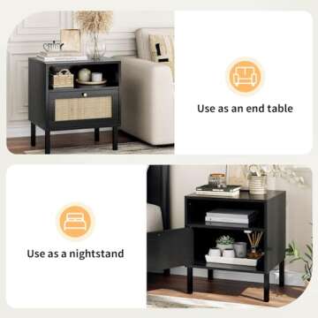 Angel Sar Rattan Night Stand Set 2, Boho Black Nightstands Set of 2, Bedside Table, End Table with Open Storage Space & Metal Legs, Bedroom Night Stand Wood Nightstand