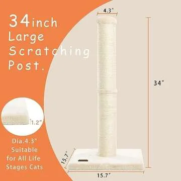Karolpar 34inch Cat Scratching Post with Natural Sisal Rope 4.3Inch Large Diameter Scratcher Post Tr...