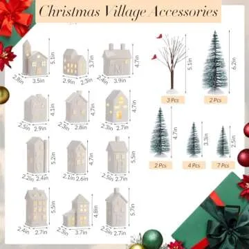 Zubebe 30 Pcs LED Christmas Village House Set - Holiday Village Porcelain Figurines and Buildings for Indoor Decor