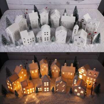 Zubebe 30 Pcs LED Christmas Village House Set - Holiday Village Porcelain Figurines and Buildings for Indoor Decor