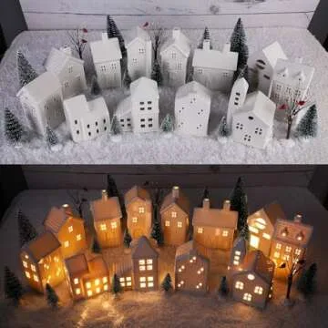 Zubebe 30 Pcs LED Christmas Village House Set - Holiday Village Porcelain Figurines and Buildings for Indoor Decor