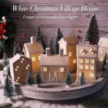 Zubebe 30 Pcs LED Christmas Village House Set - Holiday Village Porcelain Figurines and Buildings for Indoor Decor