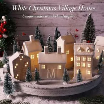 Zubebe 30 Pcs LED Christmas Village House Set - Holiday Village Porcelain Figurines and Buildings for Indoor Decor