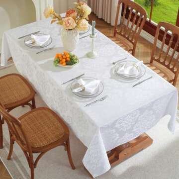 Damask White Tablecloth Rectangle 52 x 70 Inch, Floral Jacquard Waterproof Stain Resistant Polyester...