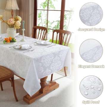Damask White Tablecloth Rectangle 52 x 70 Inch, Floral Jacquard Waterproof Stain Resistant Polyester Table Cloth, Fabric Table Cover For Dining/Party/Wedding/Indoor/Outdoor, Oblong 4-6 Seats