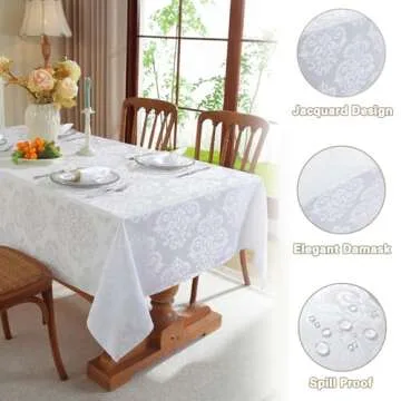 Damask White Tablecloth Rectangle 52 x 70 Inch, Floral Jacquard Waterproof Stain Resistant Polyester Table Cloth, Fabric Table Cover For Dining/Party/Wedding/Indoor/Outdoor, Oblong 4-6 Seats
