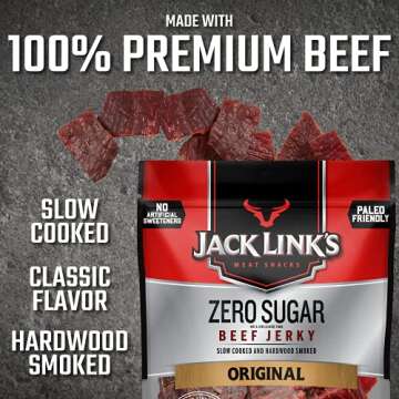 Jack Link's Beef Jerky, Original, Zero Sugar – Flavorful Meat Snacks, Ready to Eat Protein Snacks with 13g of Protein, Made with 100% Beef, Keto, Paleo & Carnivore Diet Ready – 7.3 Oz. (Pack of 2)