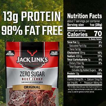 Jack Link's Beef Jerky, Original, Zero Sugar – Flavorful Meat Snacks, Ready to Eat Protein Snacks with 13g of Protein, Made with 100% Beef, Keto, Paleo & Carnivore Diet Ready – 7.3 Oz. (Pack of 2)